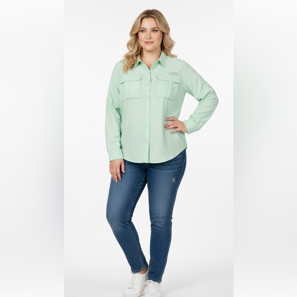 Columbia Green Casual Button Down Shirt Lightweight Cotton